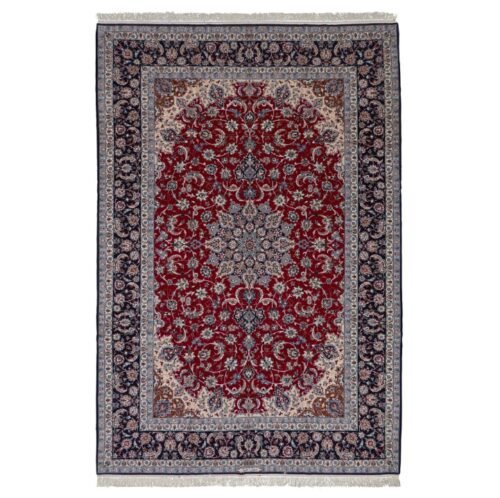 Red Traditional Persian Isfahan Wool Silk Blend Rug - 8'8" x 12'9"