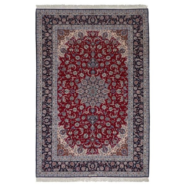 Red Traditional Persian Isfahan Wool Silk Blend Rug - 8'8" x 12'9"